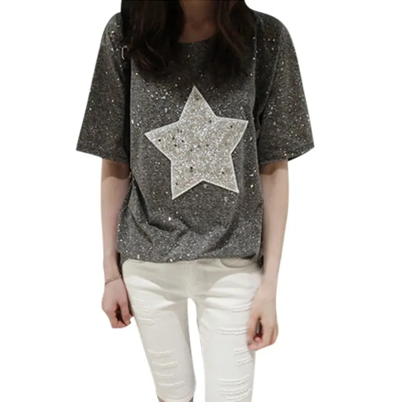 Summer 2018 New Fashion Plus Size T shirt Women Star Patterns Sequined Short Sleeve Loose Casual Tee Shirt Tops Summer 2018 New Fashion Plus Size T shirt Women Star Patterns Sequined Short Sleeve Loose Casual Tee Shirt Tops