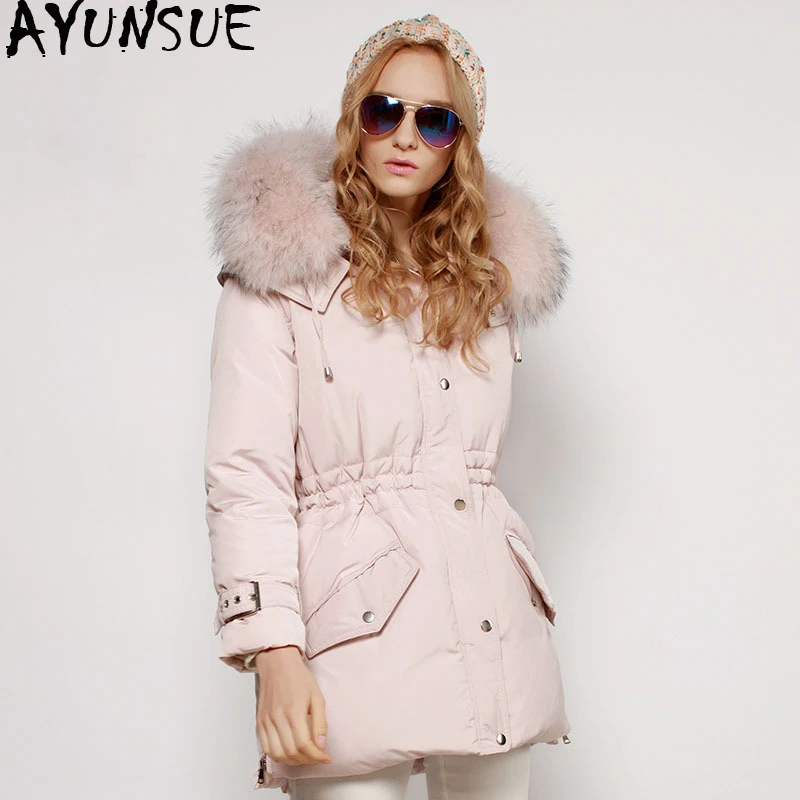 

AYUNSUE 2019 Winter Jacket Women Big Racoon Fur Collar Women's Down Jacket Pink Long Coat Female Parka Chamarras De Mujer KJ722