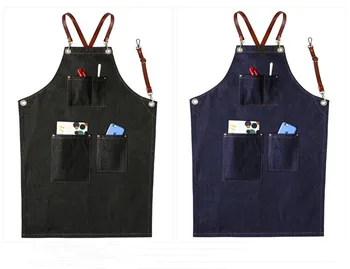 

Aprons Denim Leather Simple Uniform Unisex Adult Jeans Aprons for Woman Men Western cafe Barber Bartender BBQ Chef Practical