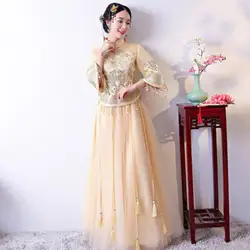 Традиционный китайский Свадебные платья желтый элегантный Cheongsam длинное Ципао для женщин Китай костюмы магазине халат Orientale