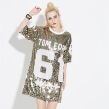 Летние блестящие Клубные танцевальные костюмы, мини платье-футболка с блестками, уличная одежда, Свободные повседневные платья с надписью 61