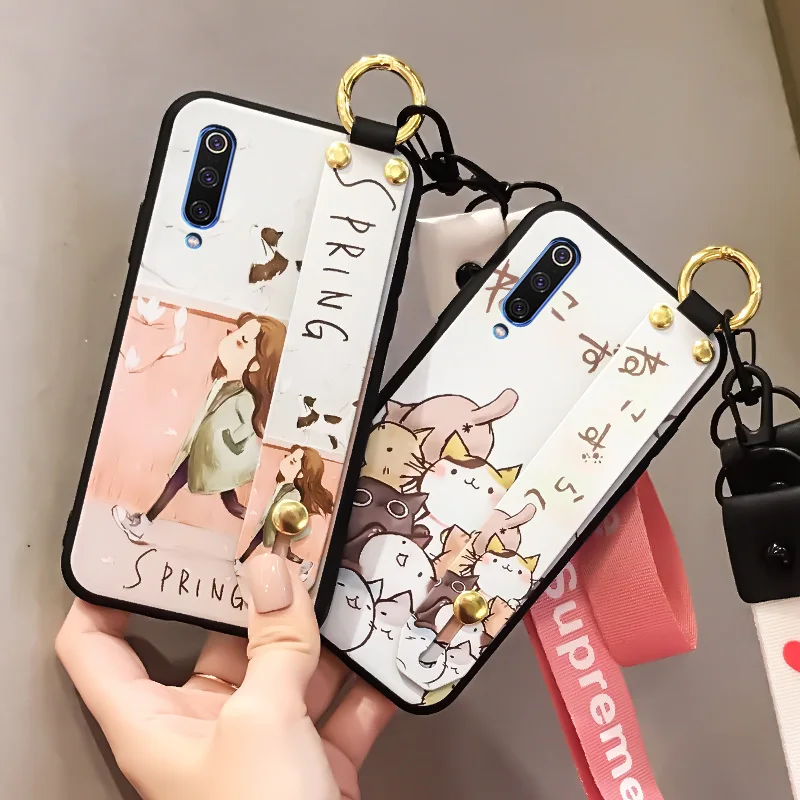 

Xiaomi mi 9 Case Cute Black Frame Cartoon Painted Phone Shell Cover Case For Xiaomi mi9 with Hand rope neck Lanyard