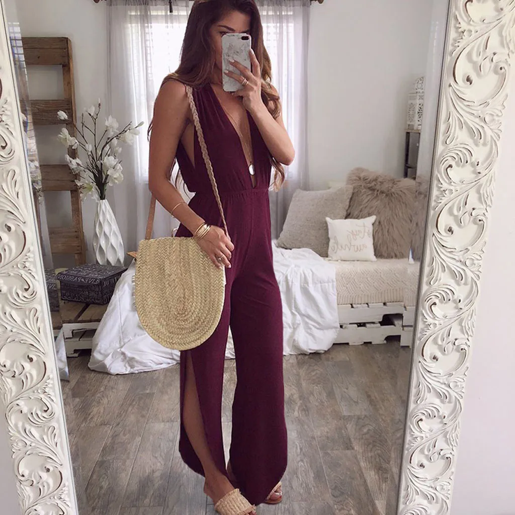 

Women Sexy Wine Red Deep V Neck 2019 Summer Jumpsuit Solid Casual Loose Beach Rompers Backless Party elegant Jumpsuits bodysuit