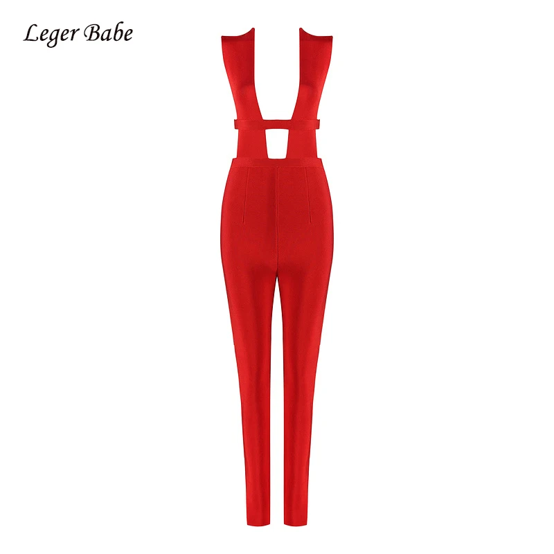 

New Fashion Runway Women Bandage Jumpsuits Red Hollow Out Sleeveless Bodycon Slim Elegant Jumpsuit Wholesale 2018 Summer Women