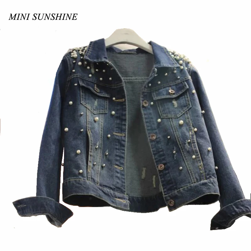 2018 Autumn denim Pearl jeans women jacket Vintage Casual Basic Coat Female Slim Fit Spring jacket Women Plus Size Bomber z30