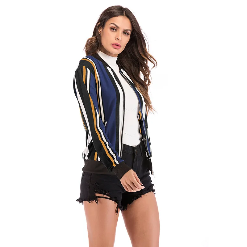 

Female Jacket European And American Jacket Autumn Large Size Color Matching Vertical Stripes Baseball Uniform Zipper Cardigan