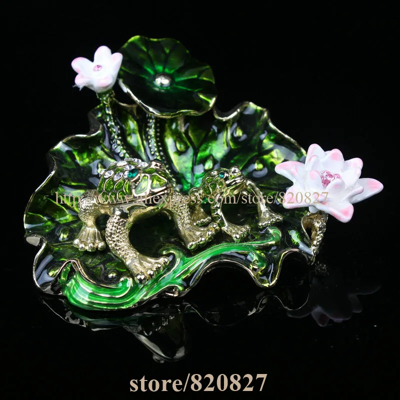 NEW 2 Frogs Sitting on Lotus Decoration Art  Design Jewelry Box Czech Crystal Frog Trinket Box Gifts 10pcs mixed design hollow blessing folding card gift message card set diy decoration holiday greeting card envelope