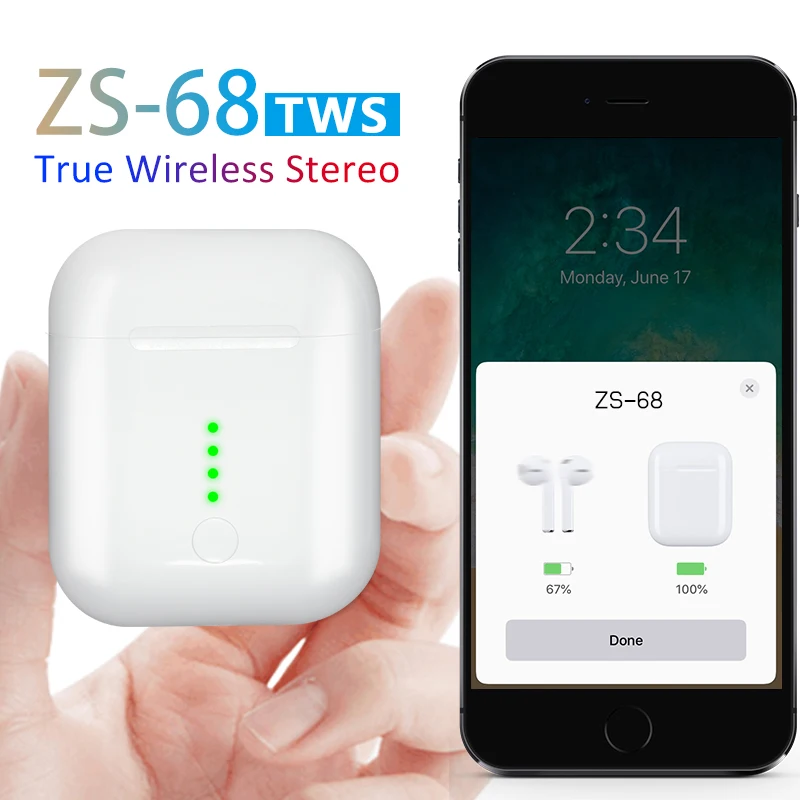 

ZS-68 Earphone Earbuds Wireless Earphones Bluetooth For iPhone V5.0 Stereo Bluetooth Headset PK i20 i10 i12 i10 i30 i60 W1 Chip