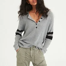 Полосатая Лоскутная черная серая Красная футболка цвета хаки с длинным рукавом женская осенняя одежда на пуговицах топы с круглым вырезом Повседневная Свободная уличная одежда