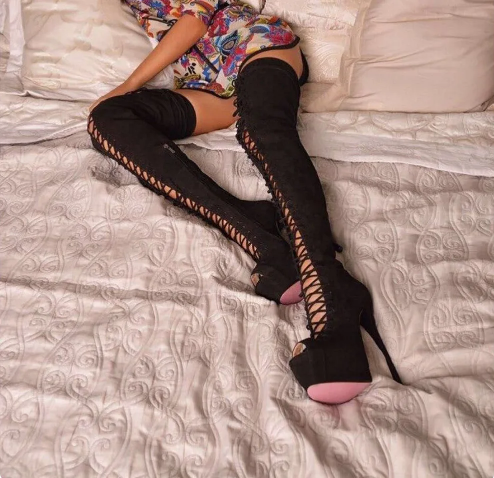

Fashion cool boots 2018 new fish mouth cross straps waterproof platform over the knee super high heel women's shoes.