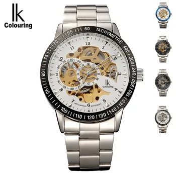 

IK colouring Stainless Steel Luminous Automatic Mechanical Watches Men Brand Luxury Transparent Hollow Skeleton Military Watch