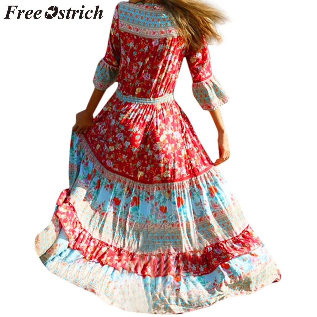 

FREE OSTRICH Women Dress Bohemian Beach Holiday Wind Pleated Print Cloak Sleeves Dignified 2019 Fashion Women Long Dress Summer