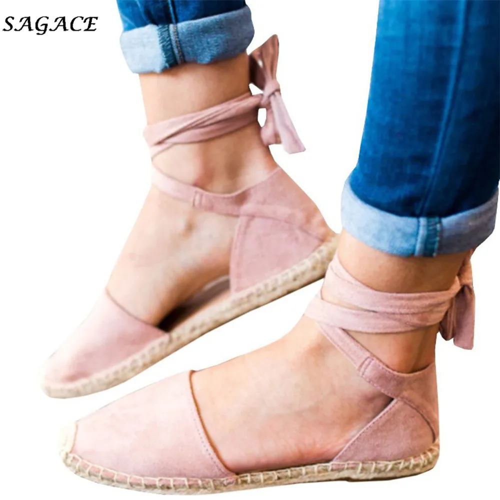 

SAGACE Shoes Women Lace-Up Summer Sandals Girls Flat Flock Back Cross-tied Casual Sandals Shoes Women Round Toe Strap Shoes