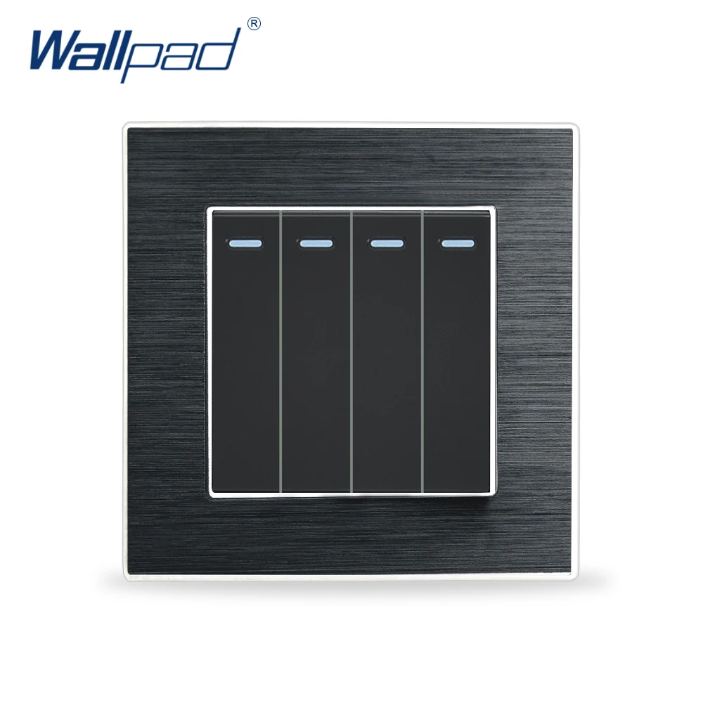 

Hot Sale 4 Gang 1 Way Fluorescent Light Switches Wallpad Luxury Push Button Wall Light Switch Satin Metal Panel Rocker Switches
