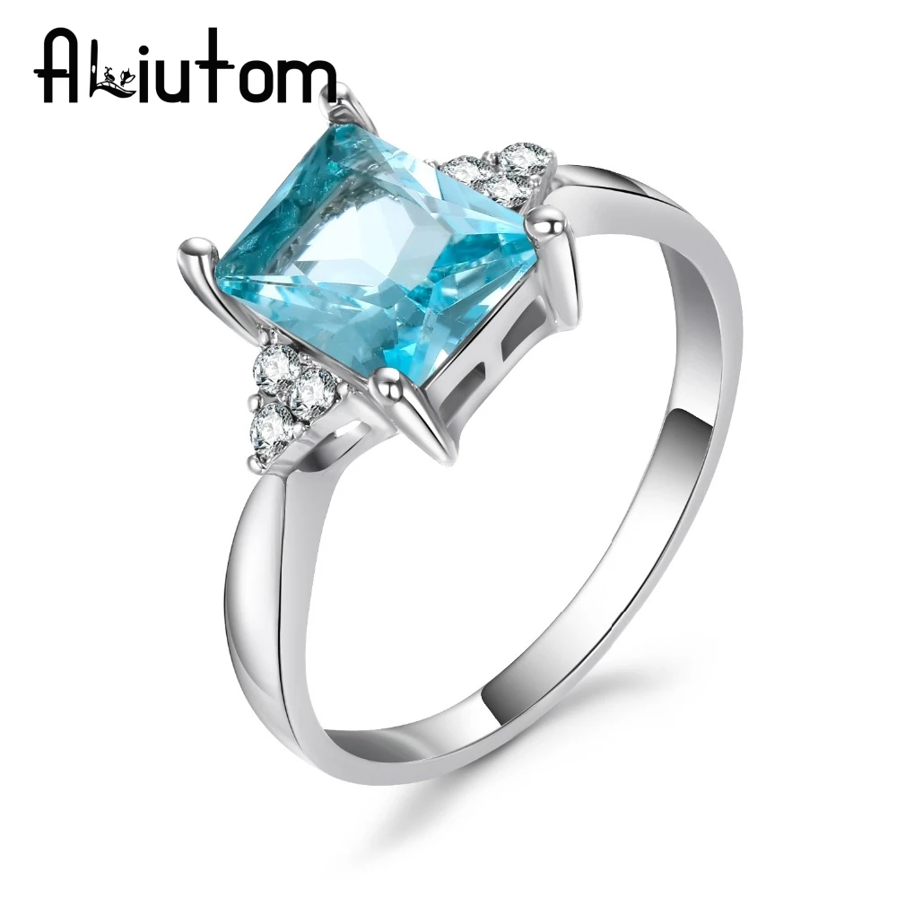 

ALIUTOM Big Blue CZ Cubic Zircon Stone Silver Rings for Women Fashion Jewelry Valentines Day Gift