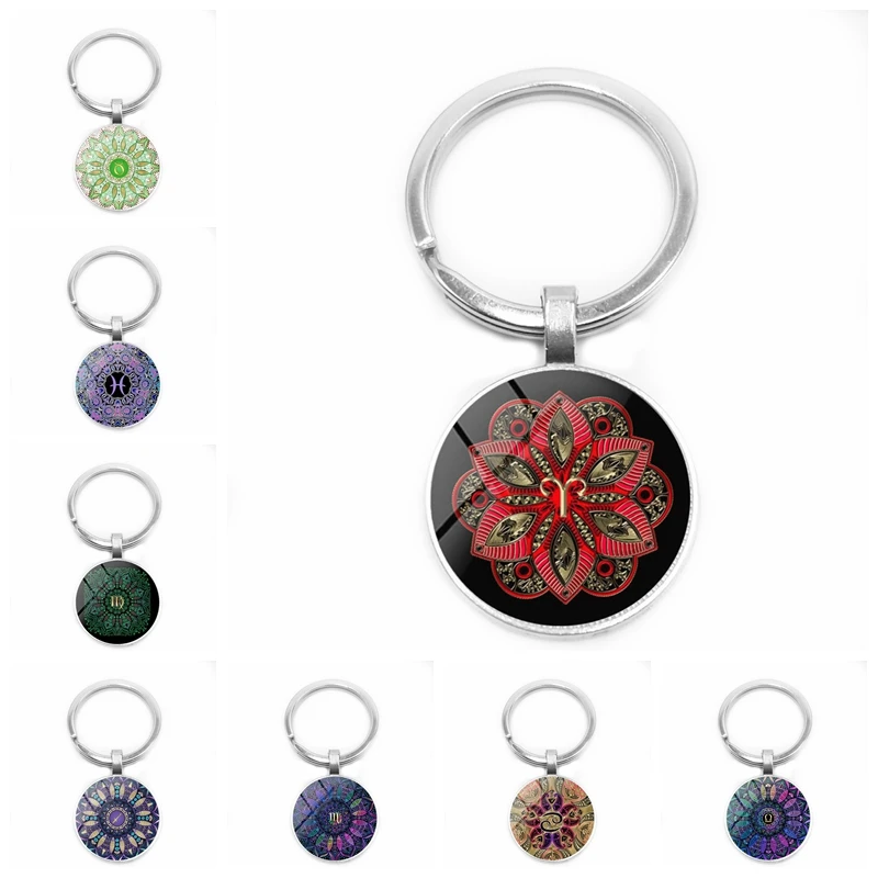 

Heat! New Mandala 12 Constellation Key Ring Kaleidoscope Silver Pendant Keychain To Send Gifts for Men and Women Friends
