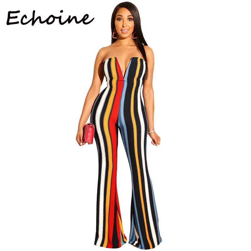 

Echoine Sexy Off Shoulder Striped Bodysuit V-neck Playsuit Sleeveless Romper Long Wide Pants Women Clothes 2019 Overalls