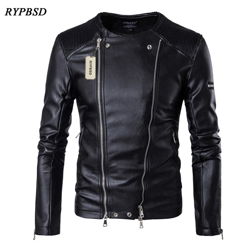 Мужская мотоциклетная куртка из ПУ кожи с воротником стойкой на молнии|leather jacket