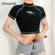 HEYounGIRL Harajuku, черный короткий топ, футболка, модная, повседневная, базовая, женская футболка, топ, хлопок, с принтом, футболка для девушек, лето