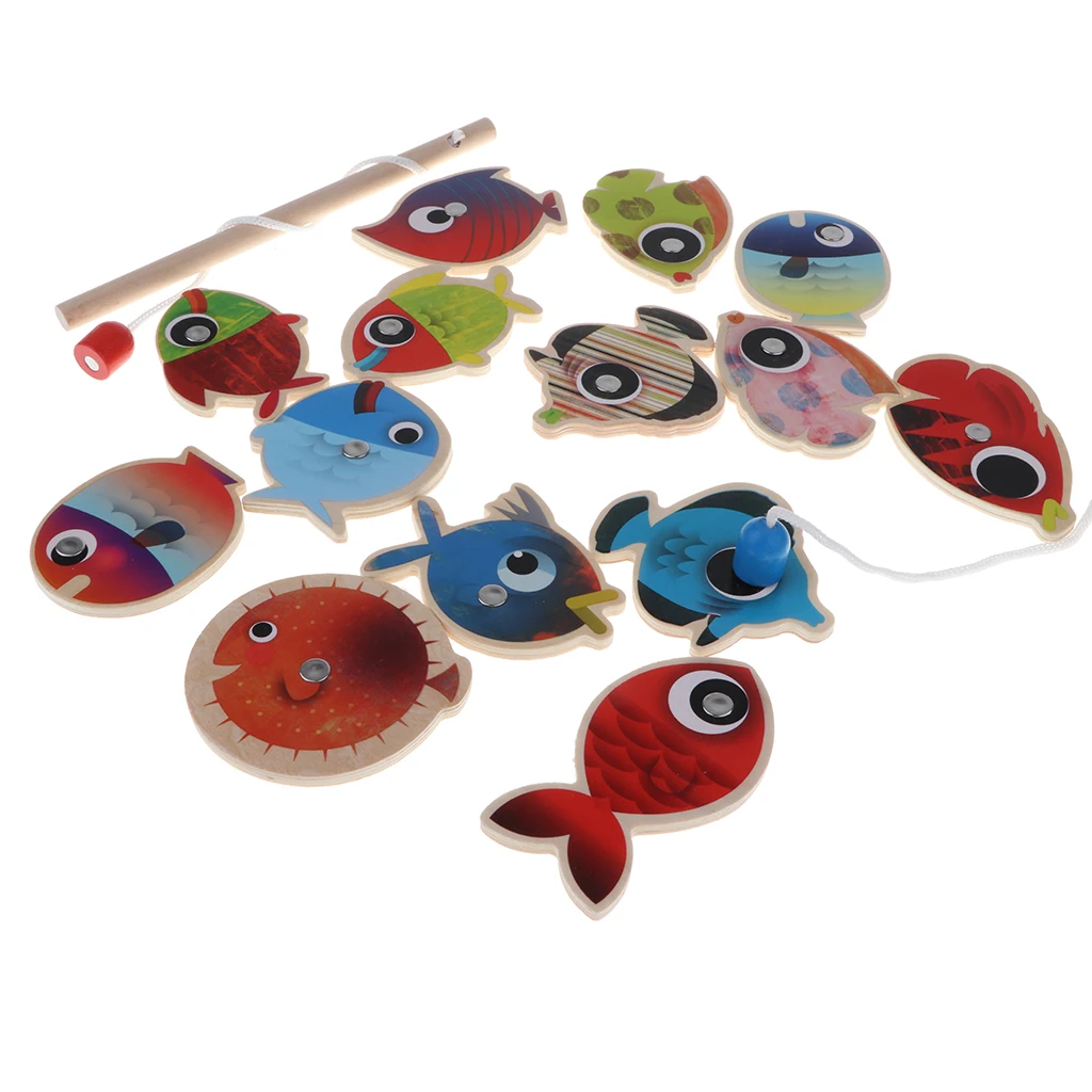 16pcs Fish Game Magnetic Fishing Pole Rod & Fish Marine Organisms Model Set Kid Pretend Play Toy Educational