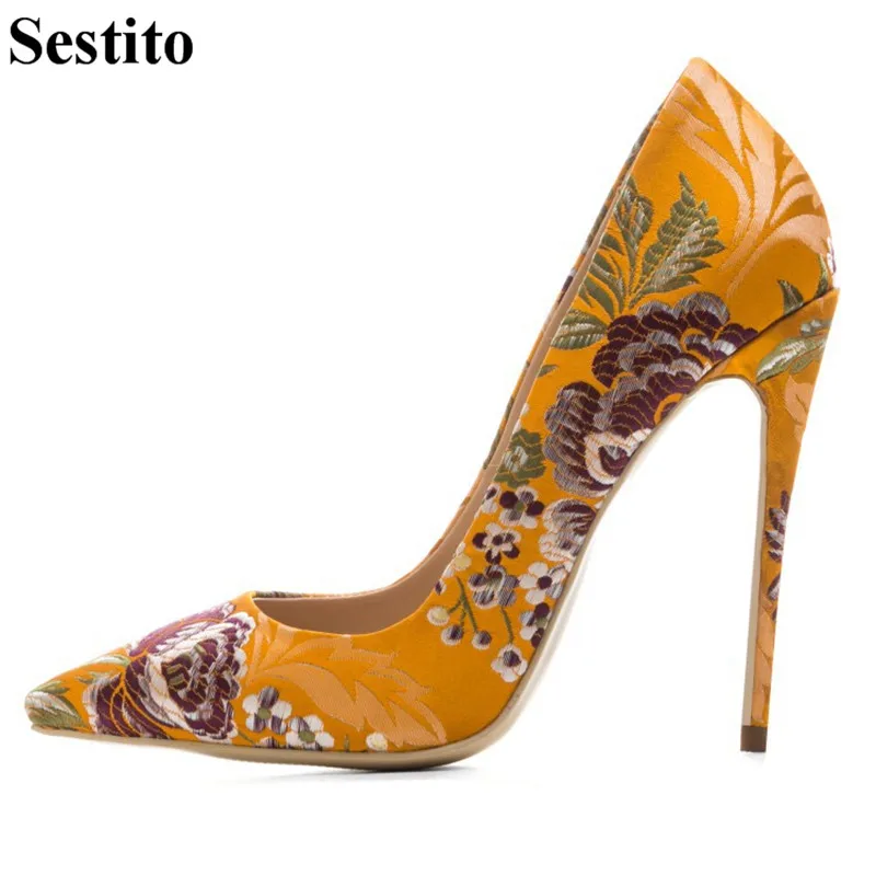 

2018 Retro Yellow Silk Floral Pumps Pointed Heels Super High Thin Heels Women Pumps Black Casual High Heels Slip-on Women Shoes