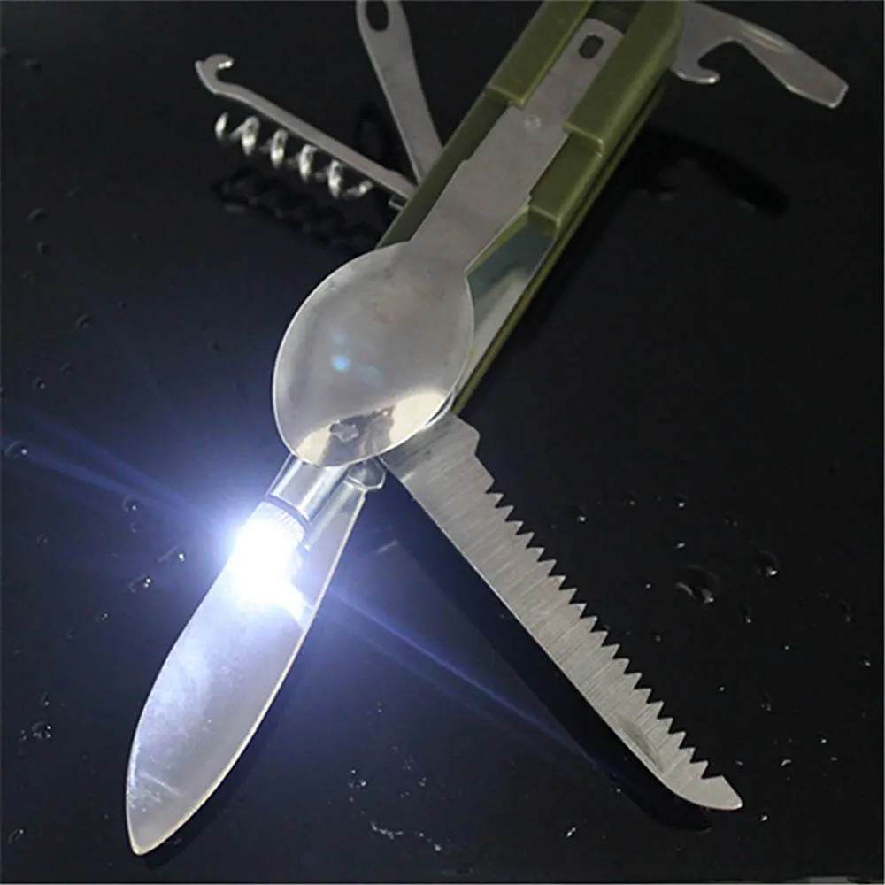 Práctico al aire libre vajilla de acero inoxidable con luz LED plegable herramienta que acampa Práctico al aire libre vajilla de acero inoxidable con luz LED plegable herramienta que acampa