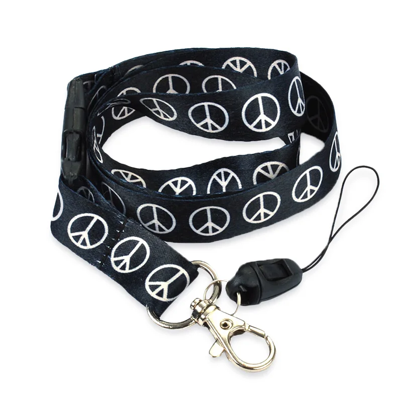 

Wholesale 12pcs/lot "White Peace" Black Lanyard Keychain Polyester Lanyards Mobile Lanyard ID Badge Holder KeyHook Free Shipping
