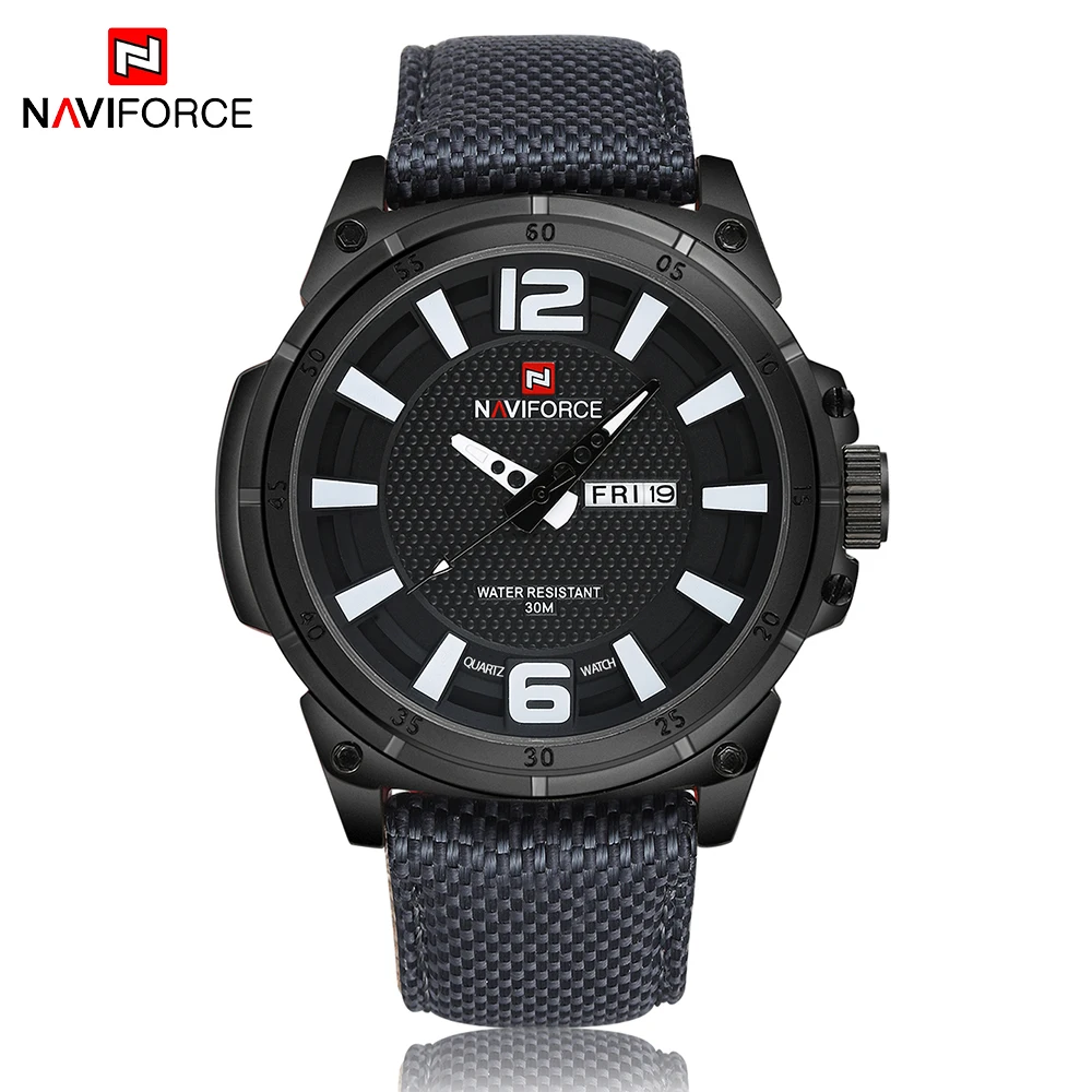 Tanie NAVIFORCE pasek z płótna męski zegarek wyjściowy modny sport wojskowy zegarek kwarcowy mężczyźni tydzień wyświetlacz męski zegar Relogio Masculino