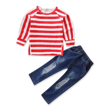 

baby girl clothes Autumn Fashion Style Girls Clothing Set knitting Red and White Stripes Tops+Jeans 2pcs Outfits Kids Size 2-7Y