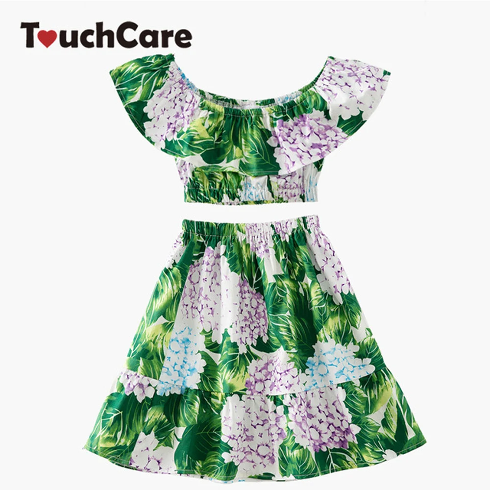 

2 PCS Green Leaves Hydrangea Print Girls Dresses Ruffle Top Cotton Dresses Girl's Princess Dress Fashion Children Spring Colthes