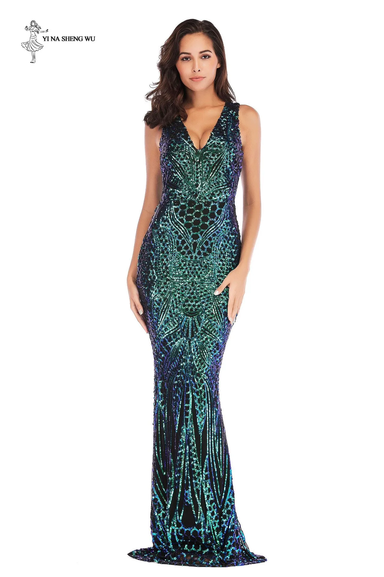 Women sequined adult dress Nightclub long dance dress deep V-neck High quality Club fish tail dresses ballroom dance dress