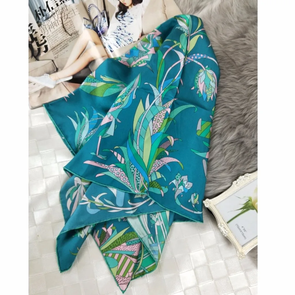 

2018 Spring Print 100% Silk Twill Scarf Women Large Square Silk Scarfs Shawl Wraps Hijab Foulard 88x88cm Hand Rolled Edges