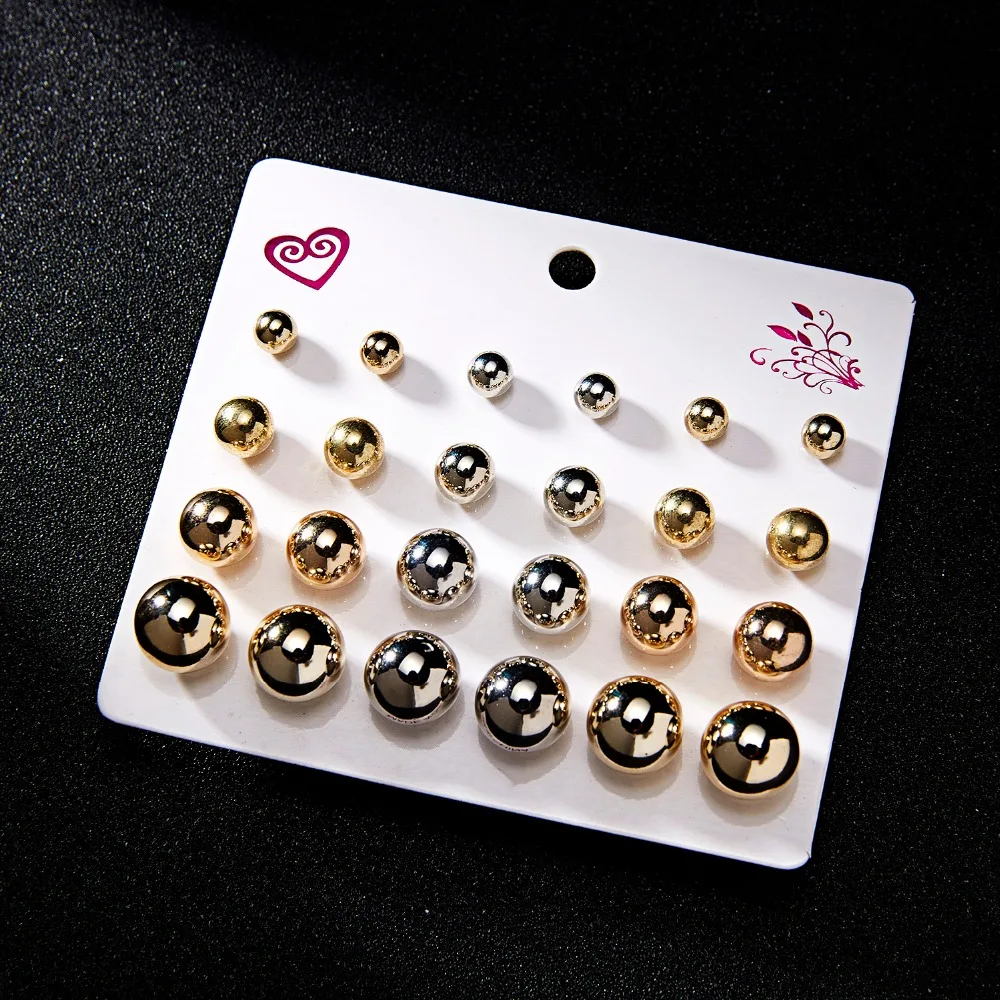 12Pairs/set Zircon Crystal Round Ball Geometry Earring Sets Fashion Shining Rhinestone Gold Stud Earrings Women Jewelry - Image 5