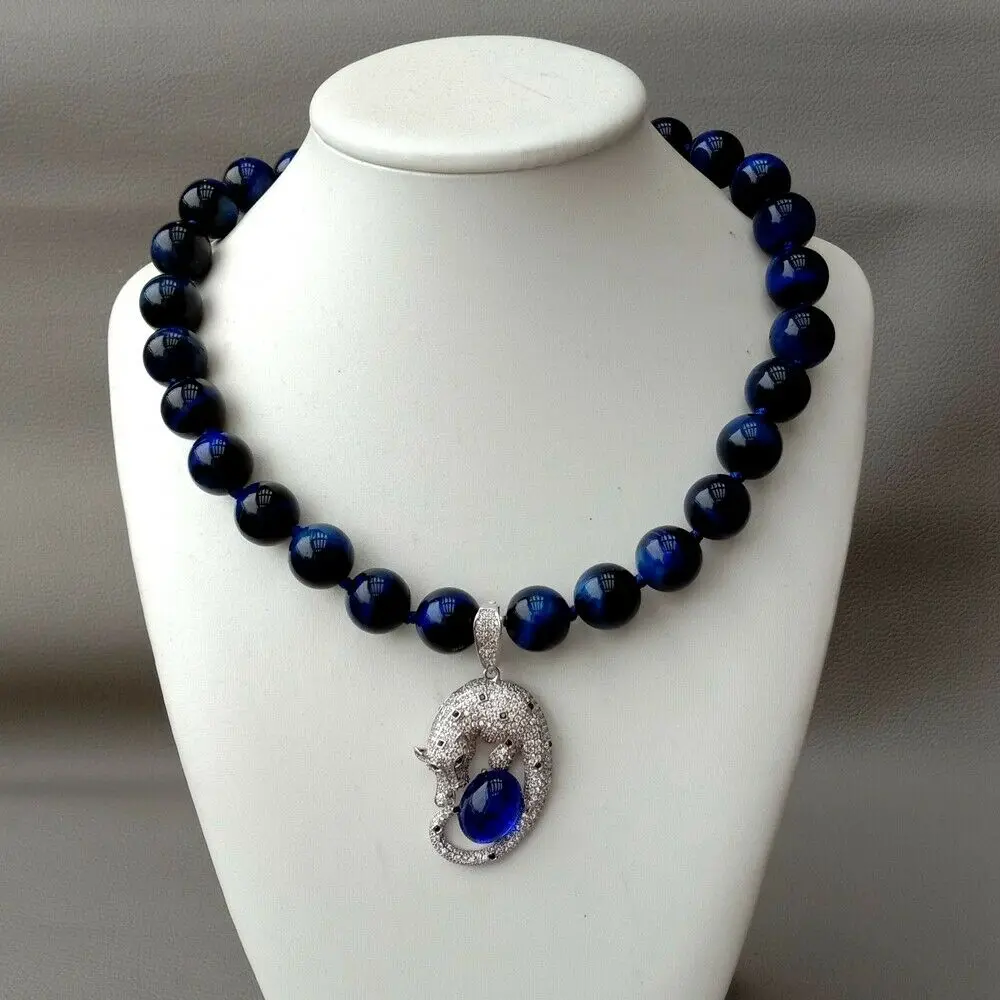 

18" Round Blue Tiger Eye Necklace CZ Pendant
