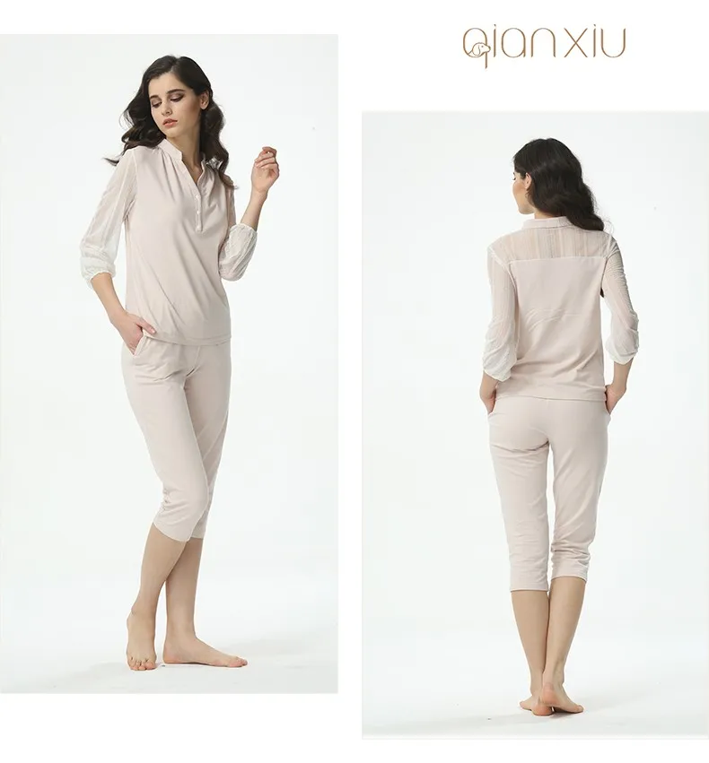 Qianxiu хлопок комплект для женщин весна свободного покроя ночное модальные сексуальный Pijama