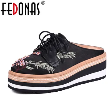 

FEDONAS Women Platforms Oxfords Flats Genuine Leather+Cloth Shoes Brand Embroider Female Footwear Casual Shoes Woman Slippers