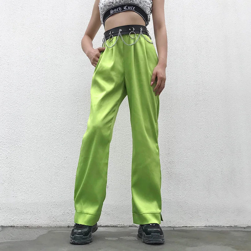 

NCLAGEN 2019 Fashion High Waist Pockets Loose Casual Straight Pants Women Breathable Sweat Capris Workout Green Thin Trousers