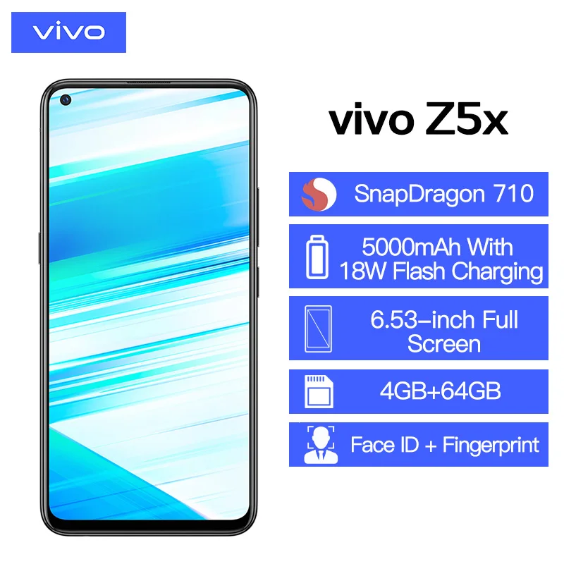 vivo Z5x мобильный телефон 6,5" экран 6G 128G Snapdragon710 Восьмиядерный Android 9 5000 мАч большая батарея смартфон