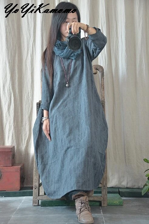

YoYiKamomo Cotton Linen Women Dress 2017 Maxi Autumn Spring Autumn Original Vintage Solid Color Brief Loose Women Robe