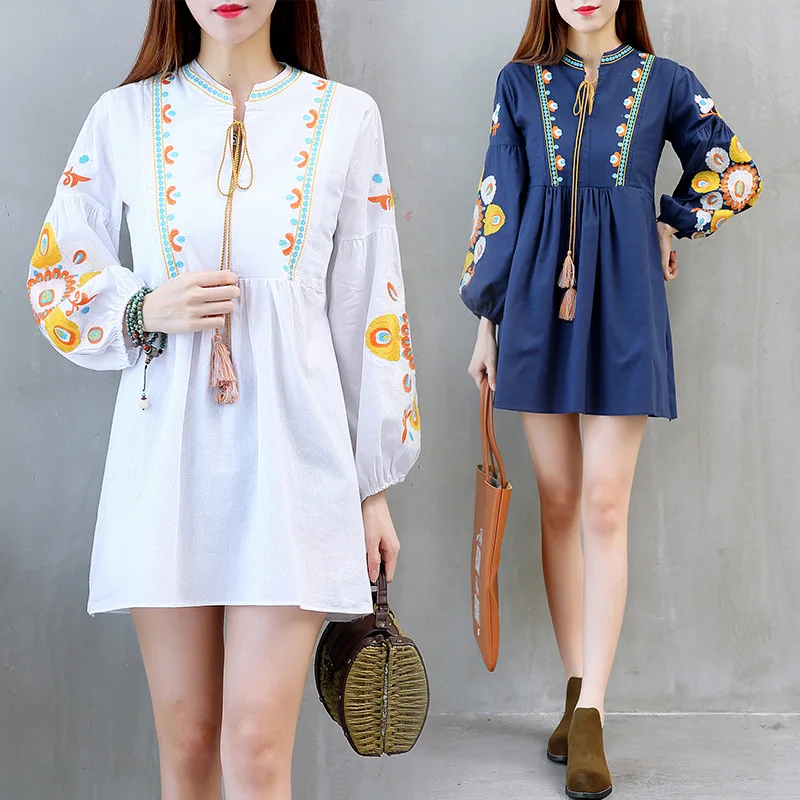 New Spring Cotton Maternity Dress Bohemia Long Sleeve A-line Dress Floral Embroidery Pregnancy Clothes with Tassel Large Size