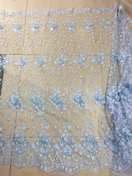 

T001 Light blue 3d pearls laser flower net tulle mesh good nice french lace for show/wedding/evening dress/party.