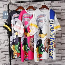 Женское свободное платье с оборками и расклешенными рукавами,, мультяшный кролик, летнее платье с принтом в виде животного размера плюс, повседневные топы, блузка