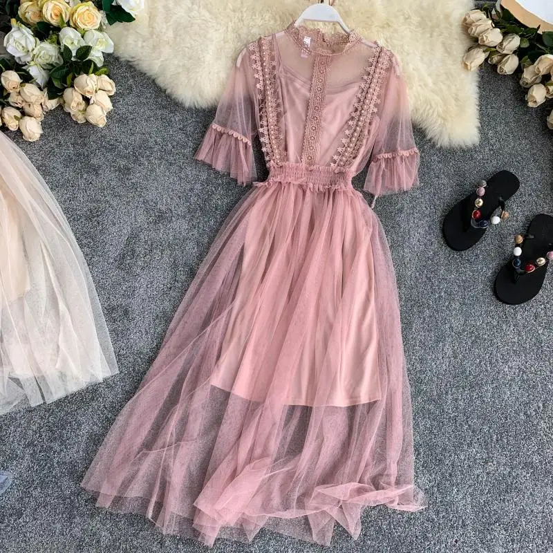 

Neplow French Sweet Floral Mesh Patchwork Dress Women New O-Neck Half Sleeve Vestidos High Waist A-Line Dresses 44583