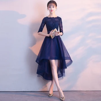 

Long Navy Blue Bridesmaid Dresses front short back longer Chiffon a-Line Vestido De Madrinha De Casamento Longo
