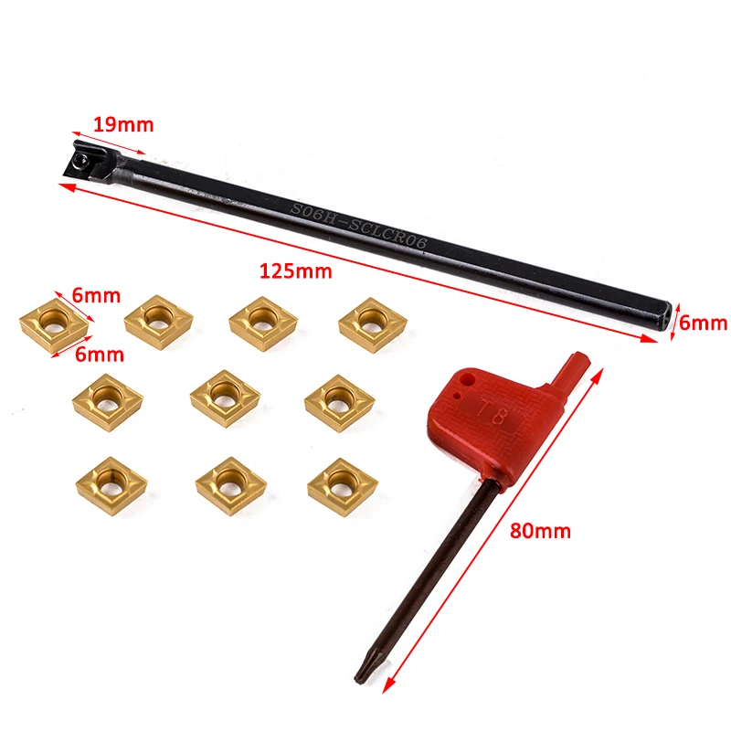 

1Pcs S06K SCLCL06 Screw Type Holder Tool 6mm Shank Boring Bar + 10pcs CCMT060204 Carbide Inserts Durable Blades + 1pcs T8 Wrench