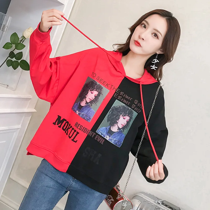 Women Contrast Patch Printed Loosen Fit Hooded Knit