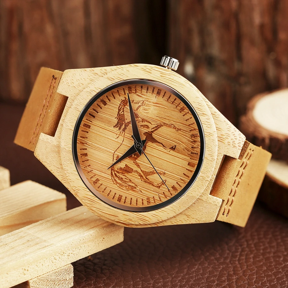 Top Gifts Hand Engraving Eagle Horse Wood Watch Trendy Bamboo Soft Genuine Leather Wooden Quartz Clock Men's Wrist Watch Ulzzang 2018 (22)