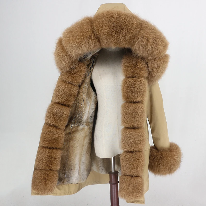 Водонепроницаемая парка OFTBUY, длинное пальто с натуральным мехом енота, Воротник из лисьего меха, капюшон, подкладка из кроличьего меха, толстая теплая верхняя одежда, уличная одежда - Цвет: brown camel