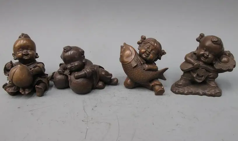 

China pure Bronze ru yi peach Fish Four boy Girl lucky FengShui Small statue