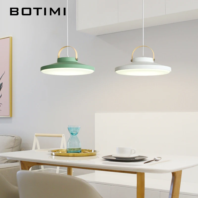 BOTIMI White Metal LED Pendant Lights For Dining Room Modern Indoor Wooden Kitchen Gray Hanging Lamp